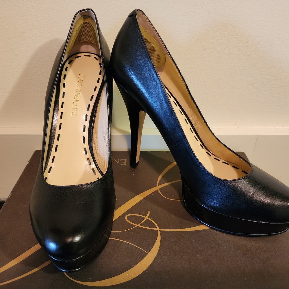Enzo Angiolini Easmiles Matte Black Leather Heel Platform Pump 8.5M